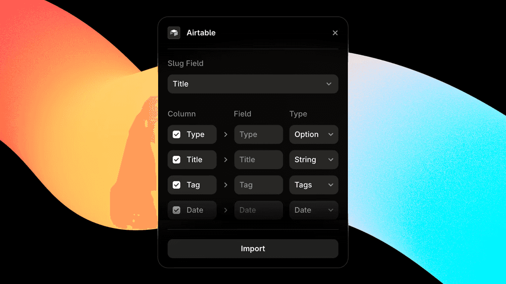Framer CMS import dialog mapping Airtable fields to collection fields