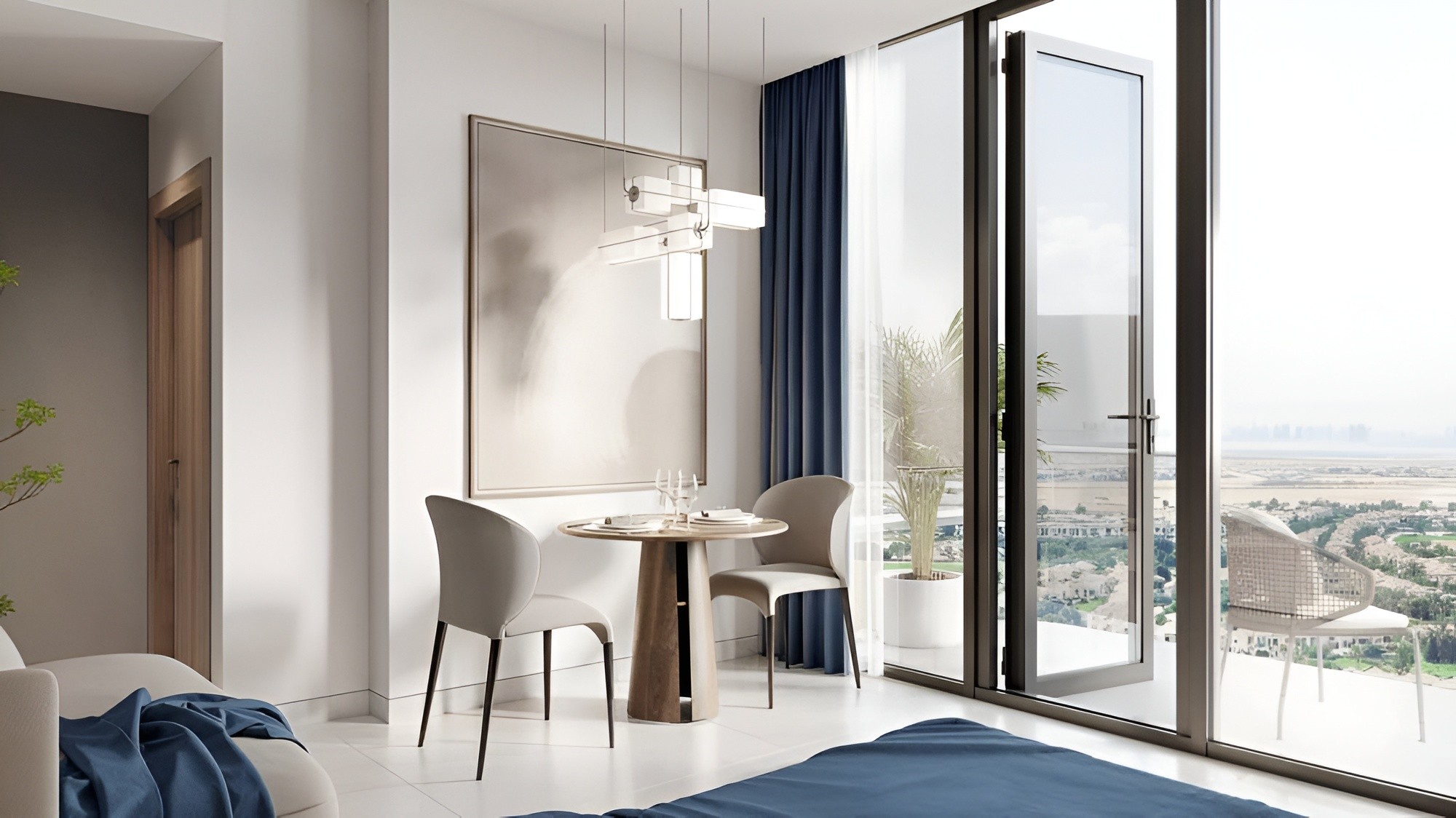 Stylish apartment with a panoramic city view, highlighting Tetris Tower by Object1 outside the window.