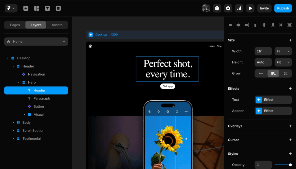 Framer-Editor mit Ebenen, Hero-Überschrift Perfect shot, every time und Smartphone-Mockup mit Sonnenblume