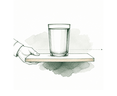 A brimming glass of water carried steadily on a flat level board, the surface perfectly still