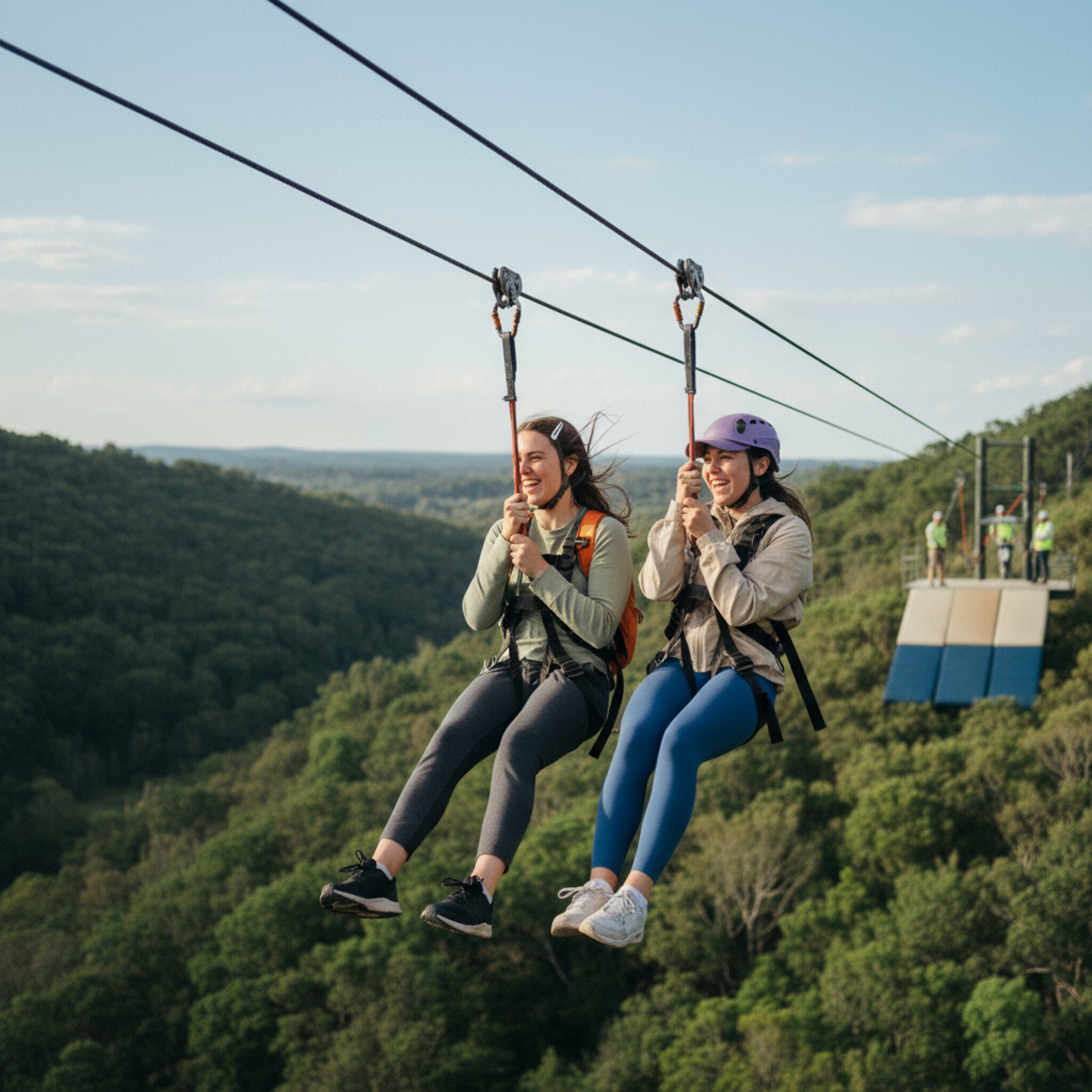 Zwei Personen sausen nebeneinander über eine lange Zipline, weit unter ihnen ein grünes Tal. Haarklammern lösen sich im Fahrtwind, die Gesichter zeigen breite Grinsen. Ein kurzer Klick der Rollen über der Seilrolle, dann Stille und Weite. Die Landestelle rückt langsam näher.