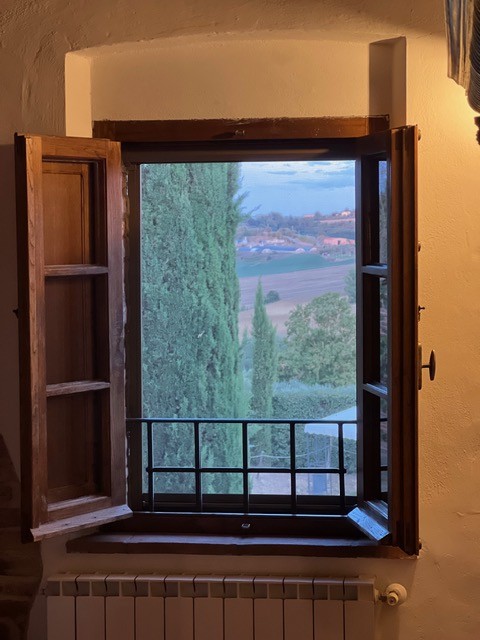 An Italian landscape framed by open wooden window shutters