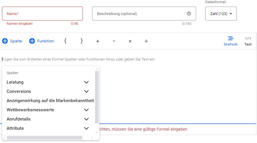 Screenshot aus Google Ads, Schritt 3: Spalten erstellen