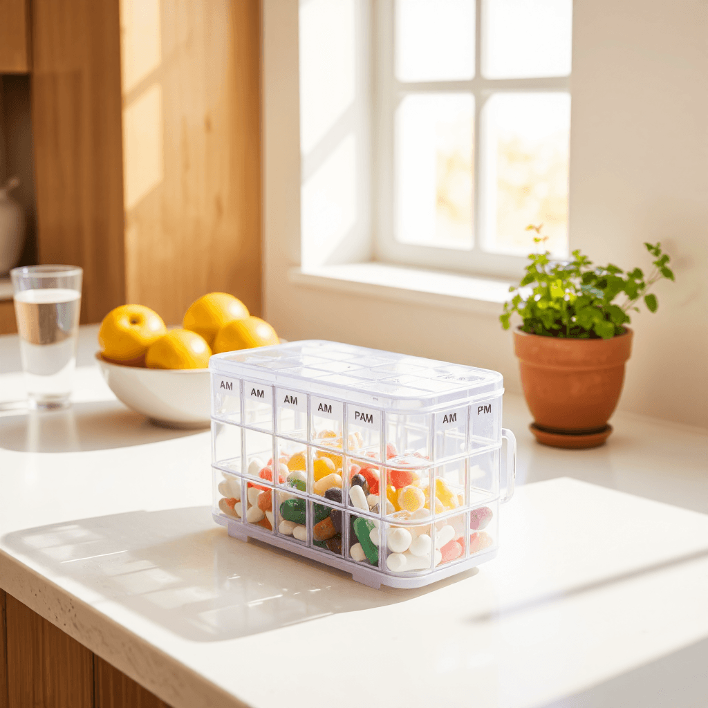 product photography of a weekly pill organizer for medication management