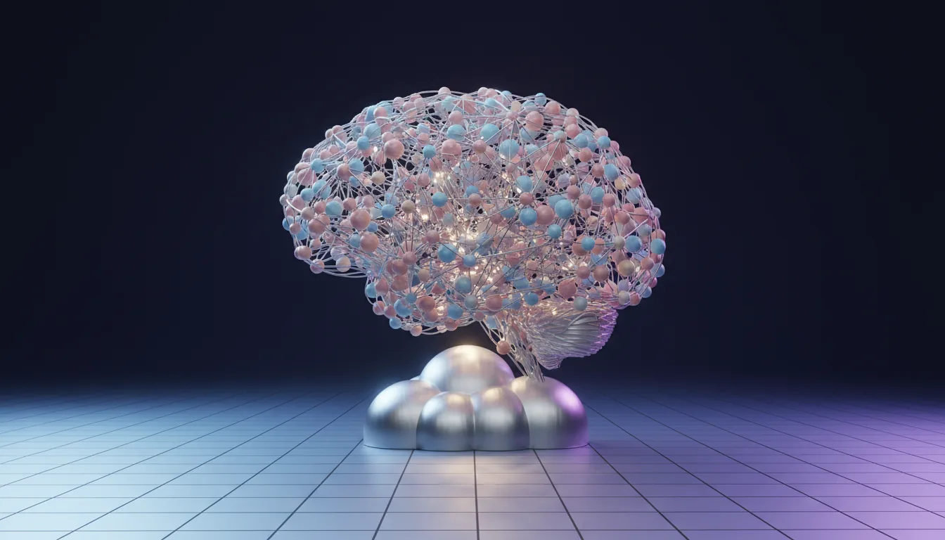 3D render of a complex, brain-shaped neural network plexus, composed of small spheres in pastel pink, beige, and muted blue, all interconnected by a dense network of thin metallic lines. This intricate structure is displayed on a thick, stylized cloud-shaped pedestal made of matte silver plastic. The entire object rests on a reflective grid floor that transitions in a gradient from light blue in the foreground to vibrant purple in the midground. The scene is lit by soft global illumination against a clean, dark navy studio backdrop, with a subtle column of light rising from the base to illuminate the network.