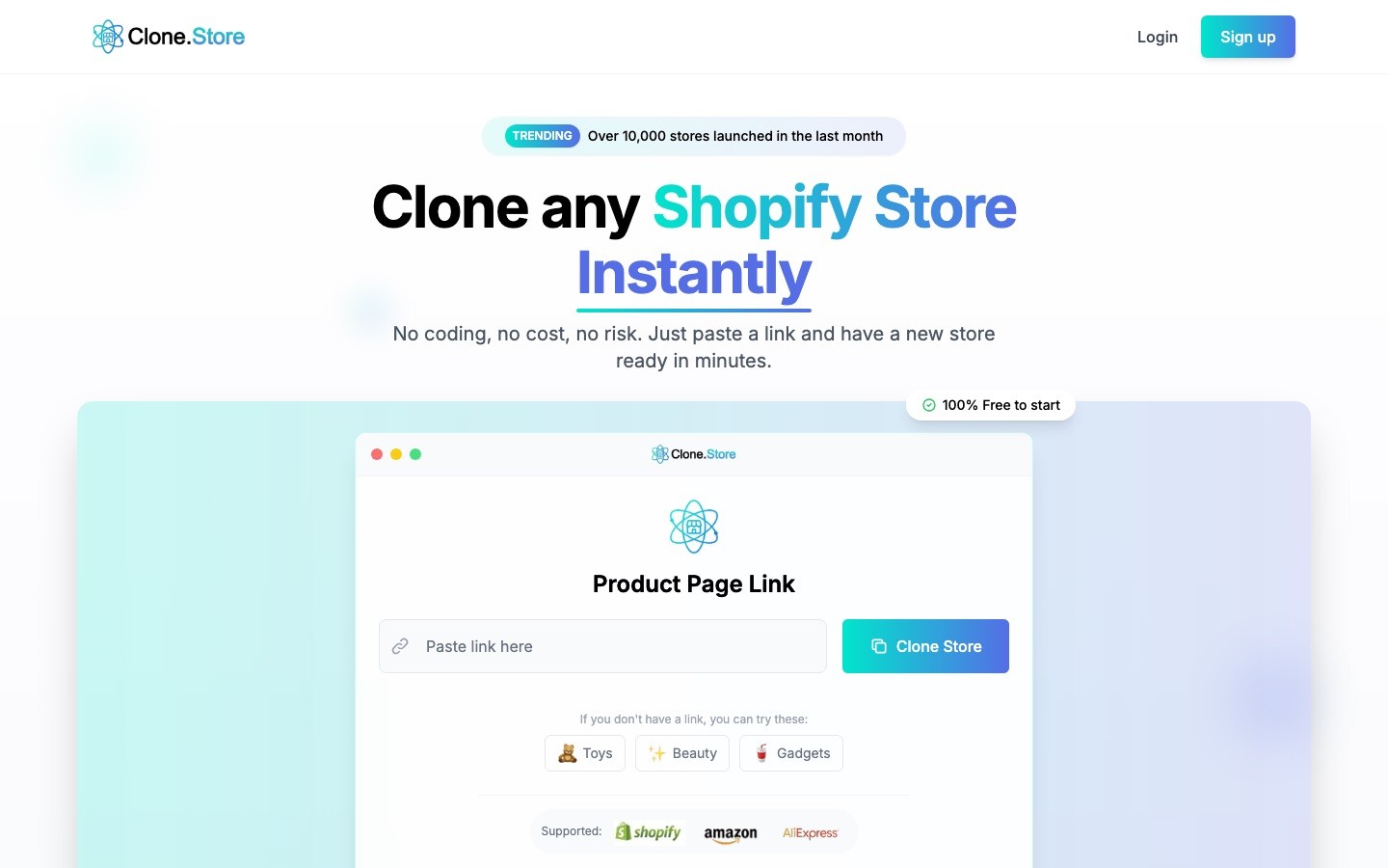 Clone Store homepage — claims to clone any Shopify store instantly