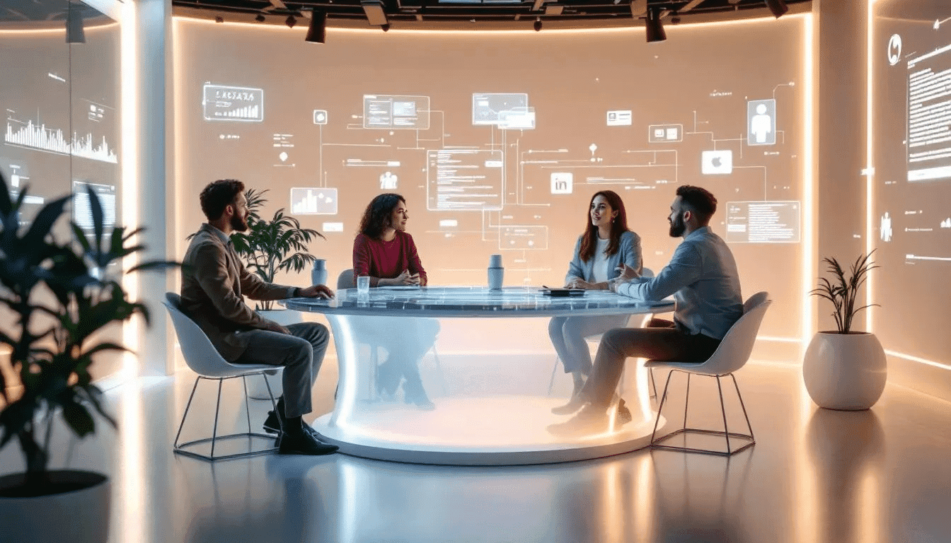 Des podcasts IA en cours d'enregistrement avec des influenceurs discutant de l'actualité.