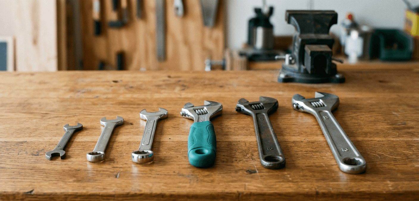 Wrenches arranged on a wooden workbench with a teal-gripped wrench