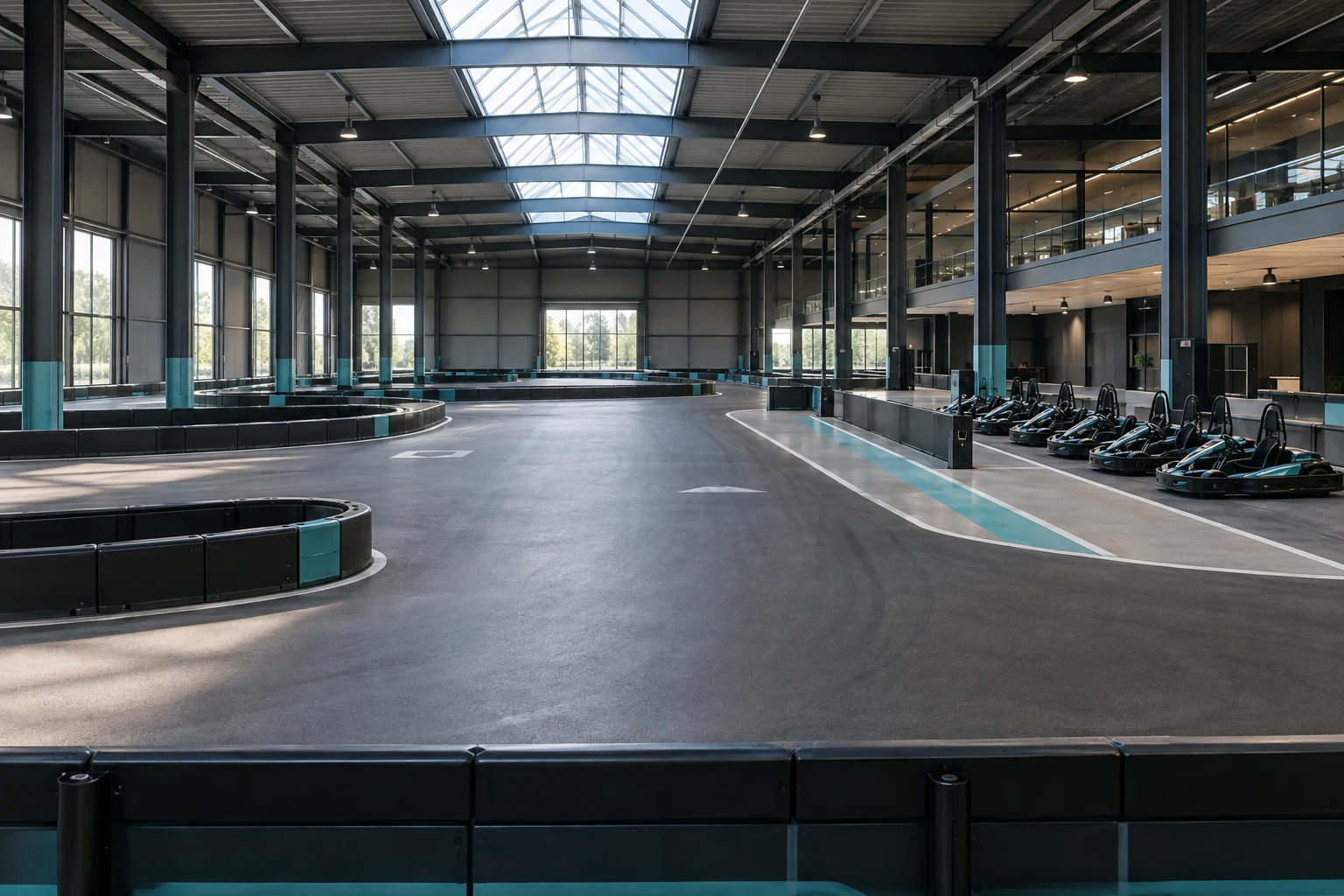 Freie Indoor-Kartstrecke mit Sicherheitsbarrieren