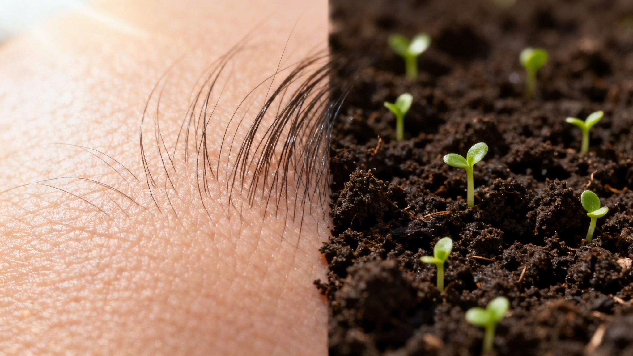 A split image comparing human scalp with hair follicles on one side and young green plant sprouts in soil on the other.
