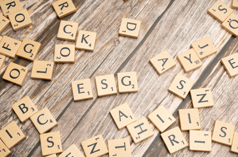 Sigla ESG em letras de madeira
