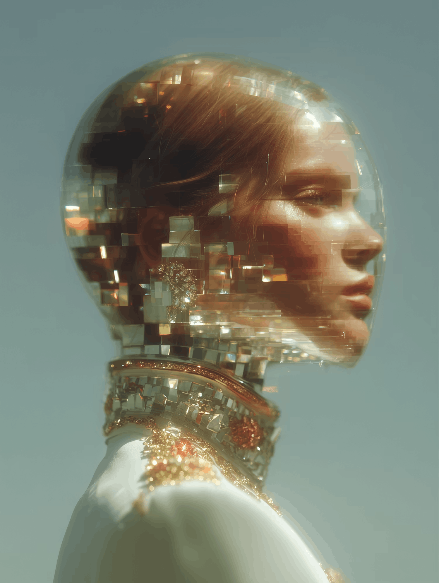 Futuristic woman in segmented glass helmet and ornate collar.