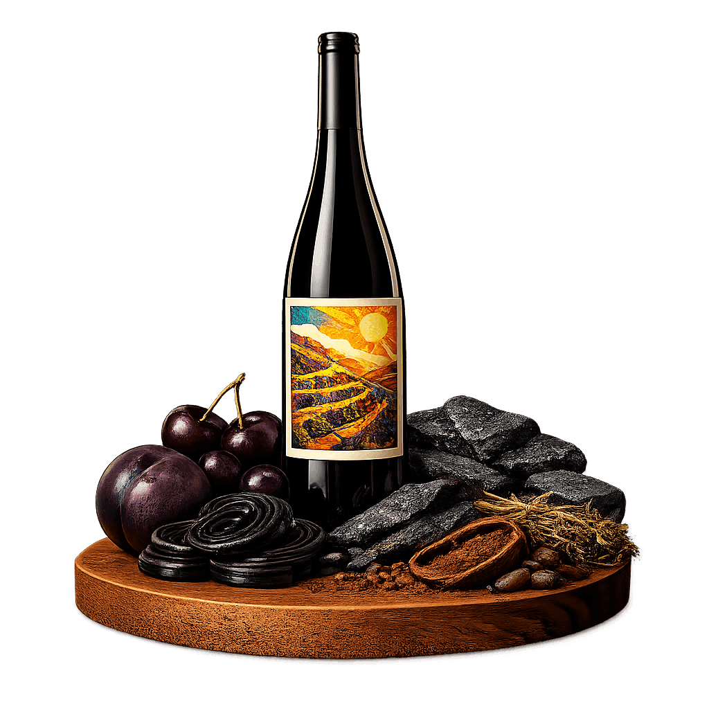 Artistic label and flavor profile for Spanish Priorat Red on a rustic wooden table.