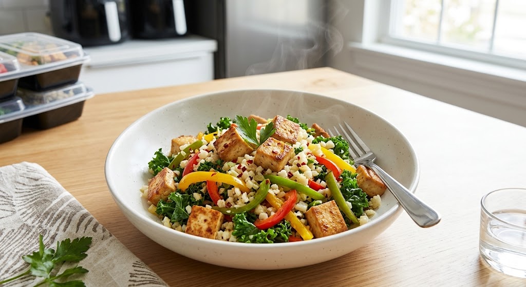 A steaming bowl of healthy tofu stir-fry with cauliflower rice, kale, and bell peppers on a wooden table.