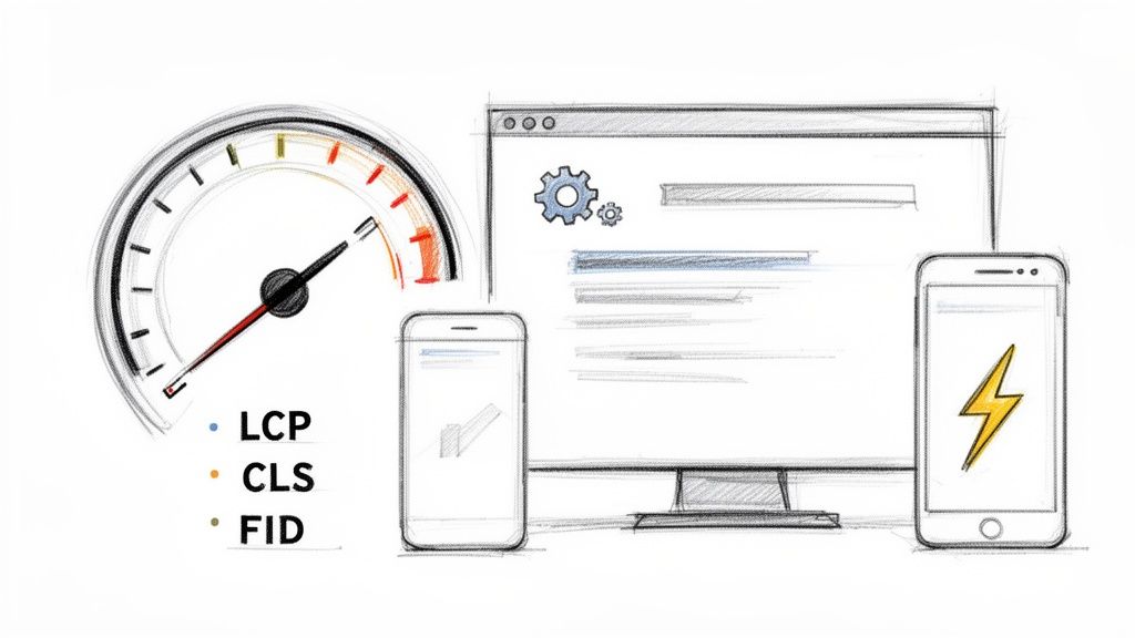 Sketch illustrating website speed performance metrics (LCP, CLS, FID) across desktop and mobile devices.