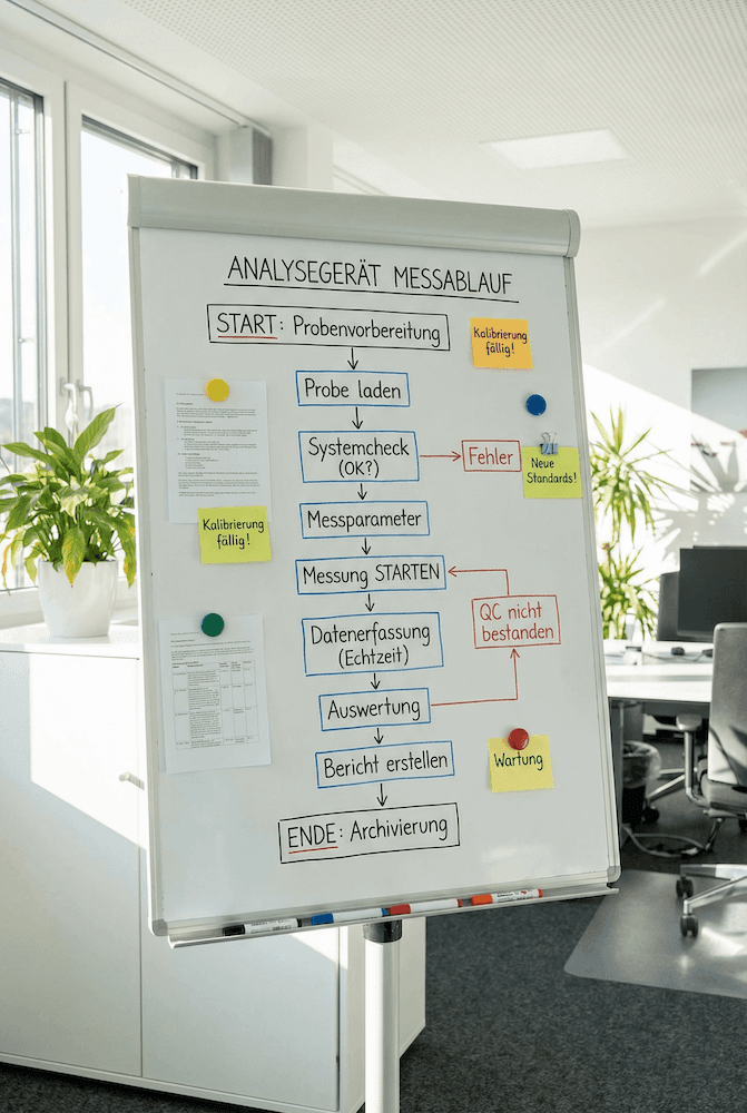 Flipchart mit Ablaufdiagramm zum Messprozess eines Analysegeräts in einem Büro mit Pflanzen und Schreibtischen im Hintergrund