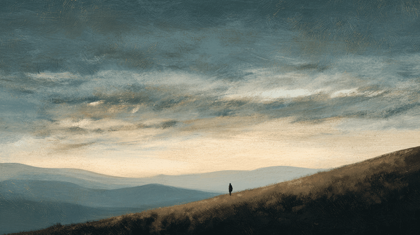 A painterly illustration of a small solitary figure standing on a grassy hillside at dusk, gazing out across vast rolling hills that fade into the distance, with a wide sky of soft blue and warm cream clouds stretching overhead.