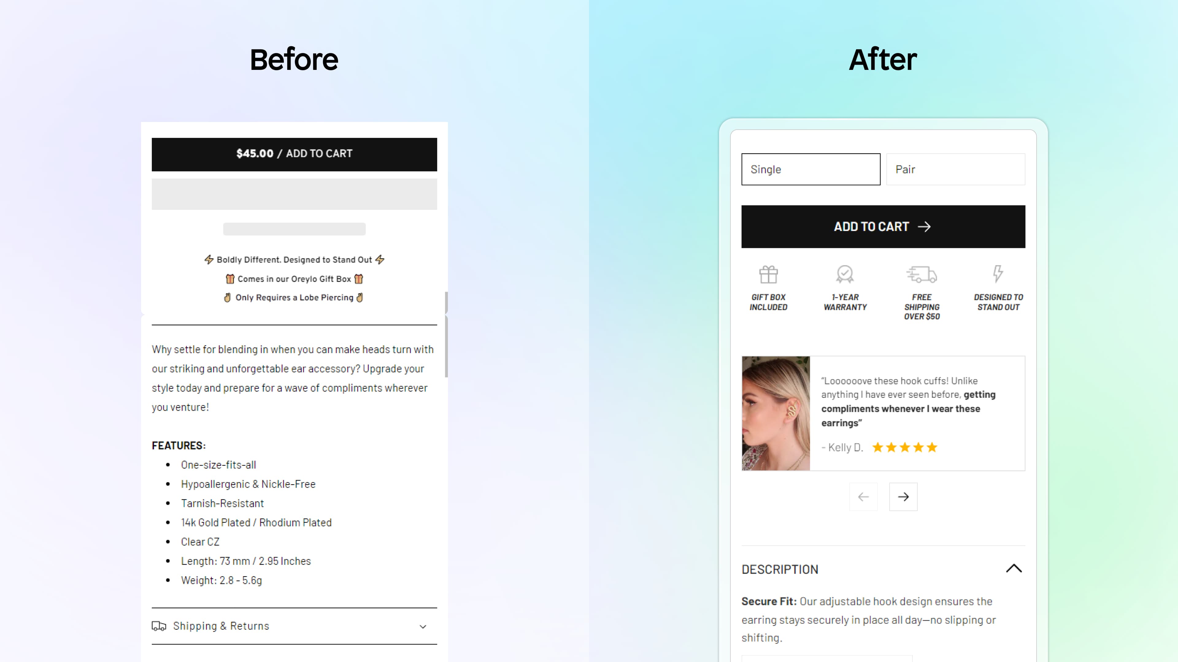 oreylo before and after shopify pdp design