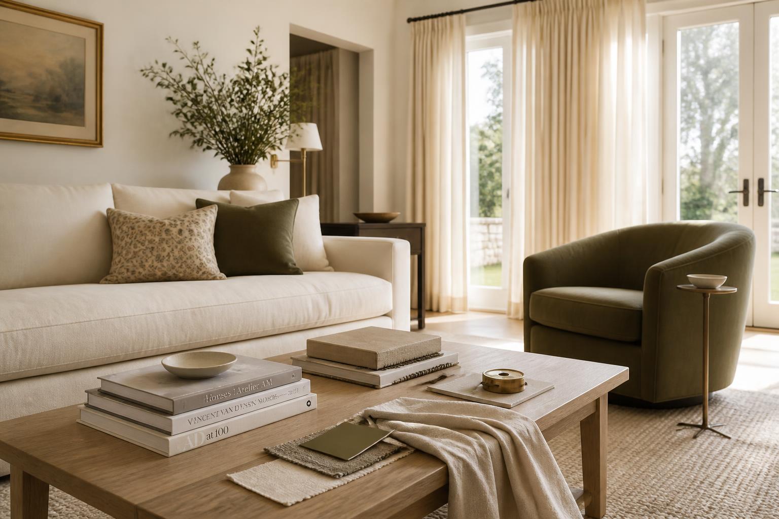 Elegant neutral living room with beige sofa, olive armchair, wooden coffee table, soft curtains, and natural light through French doors