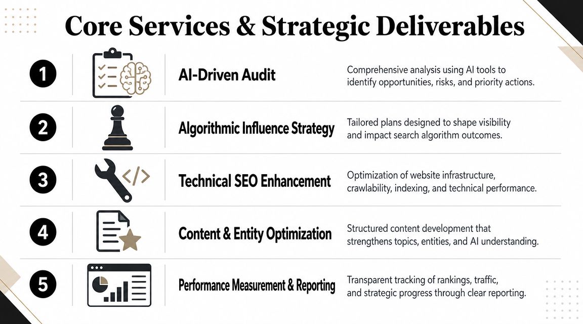 A list of five core SEO services, including audits, strategy, technical optimization, content development, and performance reporting.