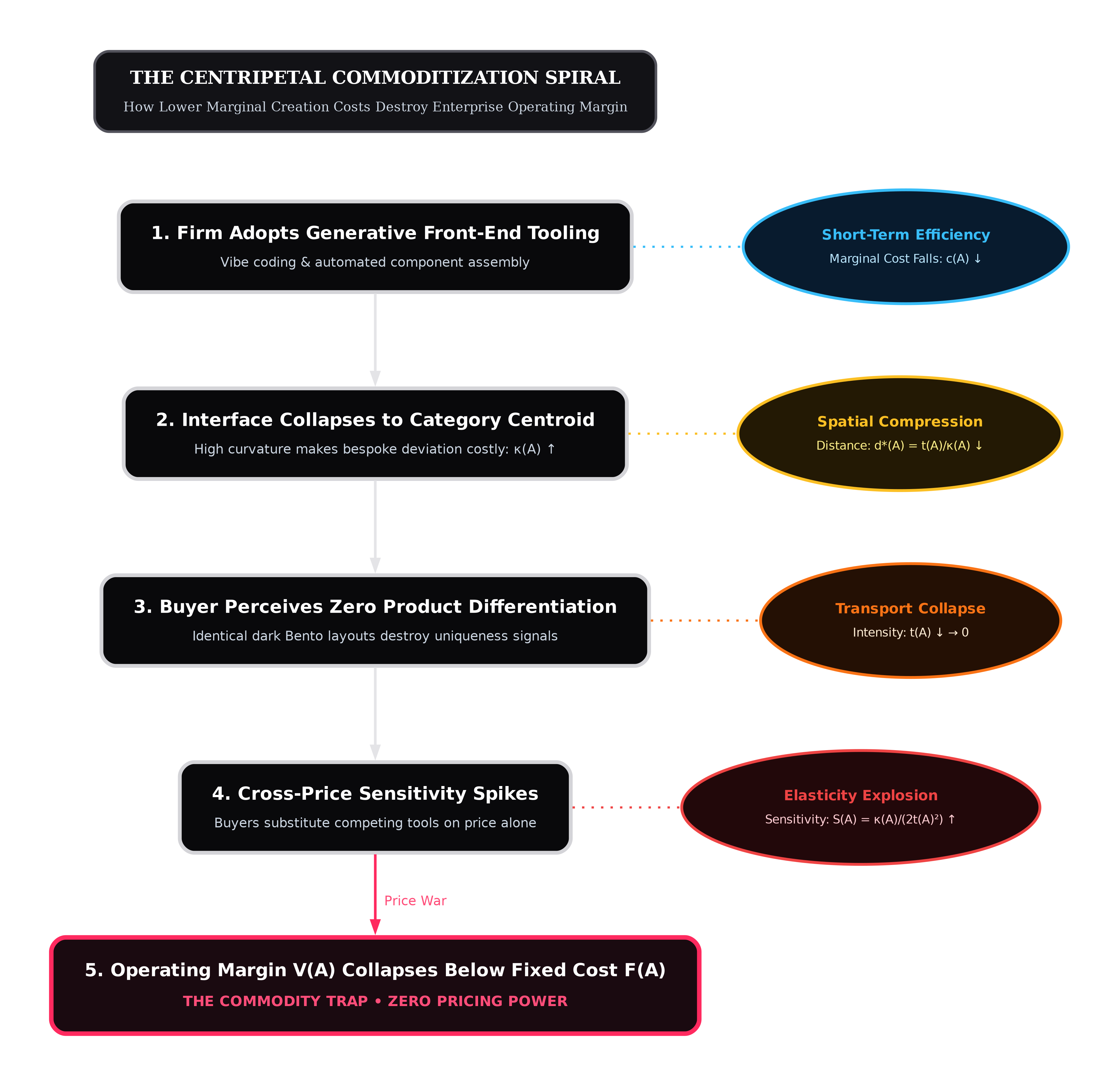 Economic flow diagram of the Centripetal Commoditization Spiral showing how declining marginal creation costs shrink spatial differentiation, spike price sensitivity, and collapse enterprise margins.