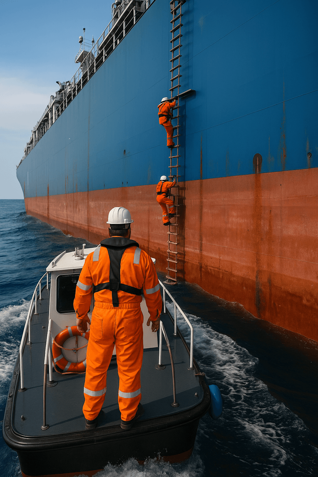 A crew member in an orange suit approaches a large cargo ship while others climb the side of the vessel.