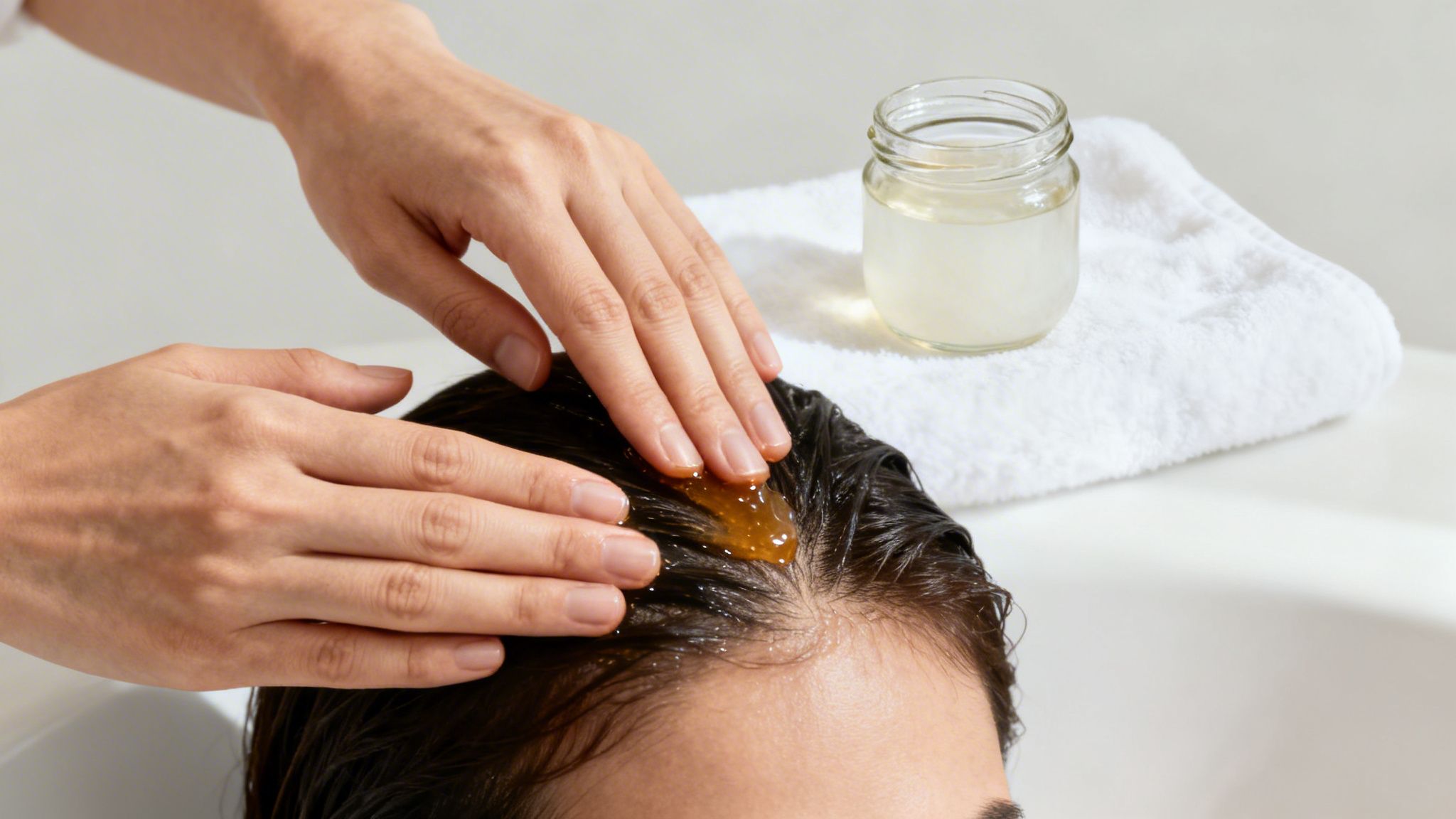 Close-up of hands applying a natural treatment to a person's scalp and wet hair, with a jar and towel.