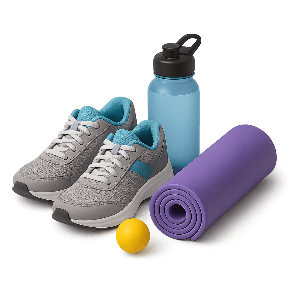Sports and outdoor items including running shoes, a yoga mat, and a water bottle for selling in this category