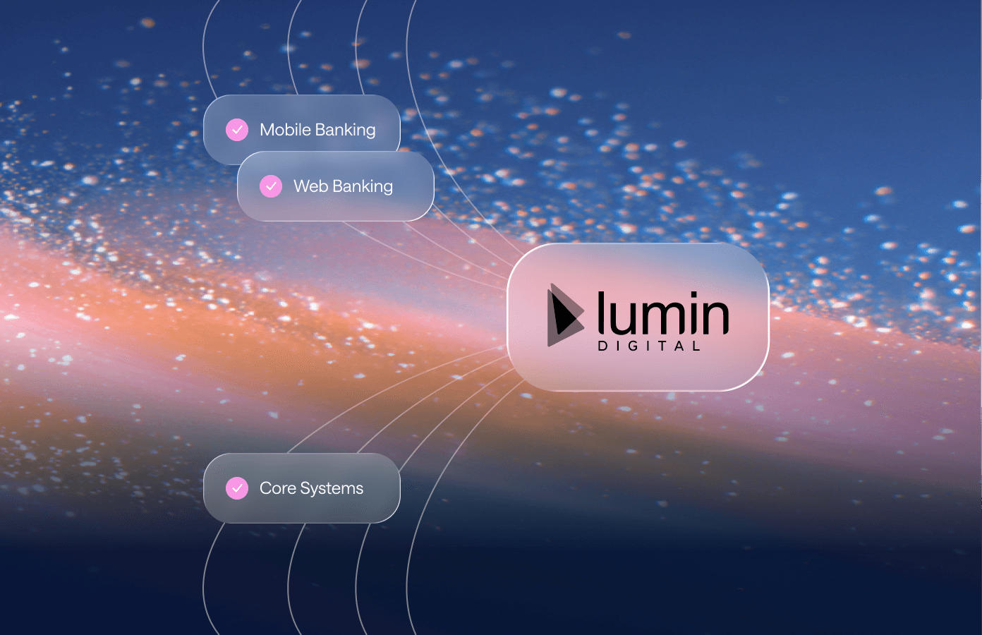 Abstract hero image showing a dynamic wave of orange and blue particles on a gradient background.