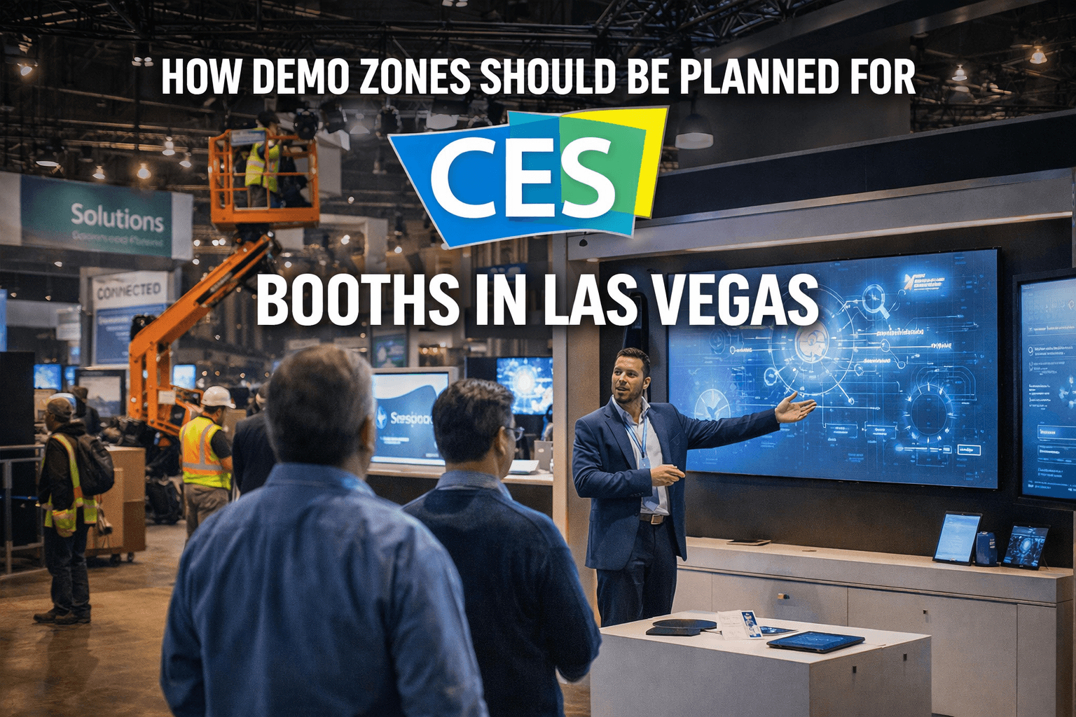 CES booth demo zone planning in Las Vegas with product presentation area, branded graphics, and custom exhibit layout