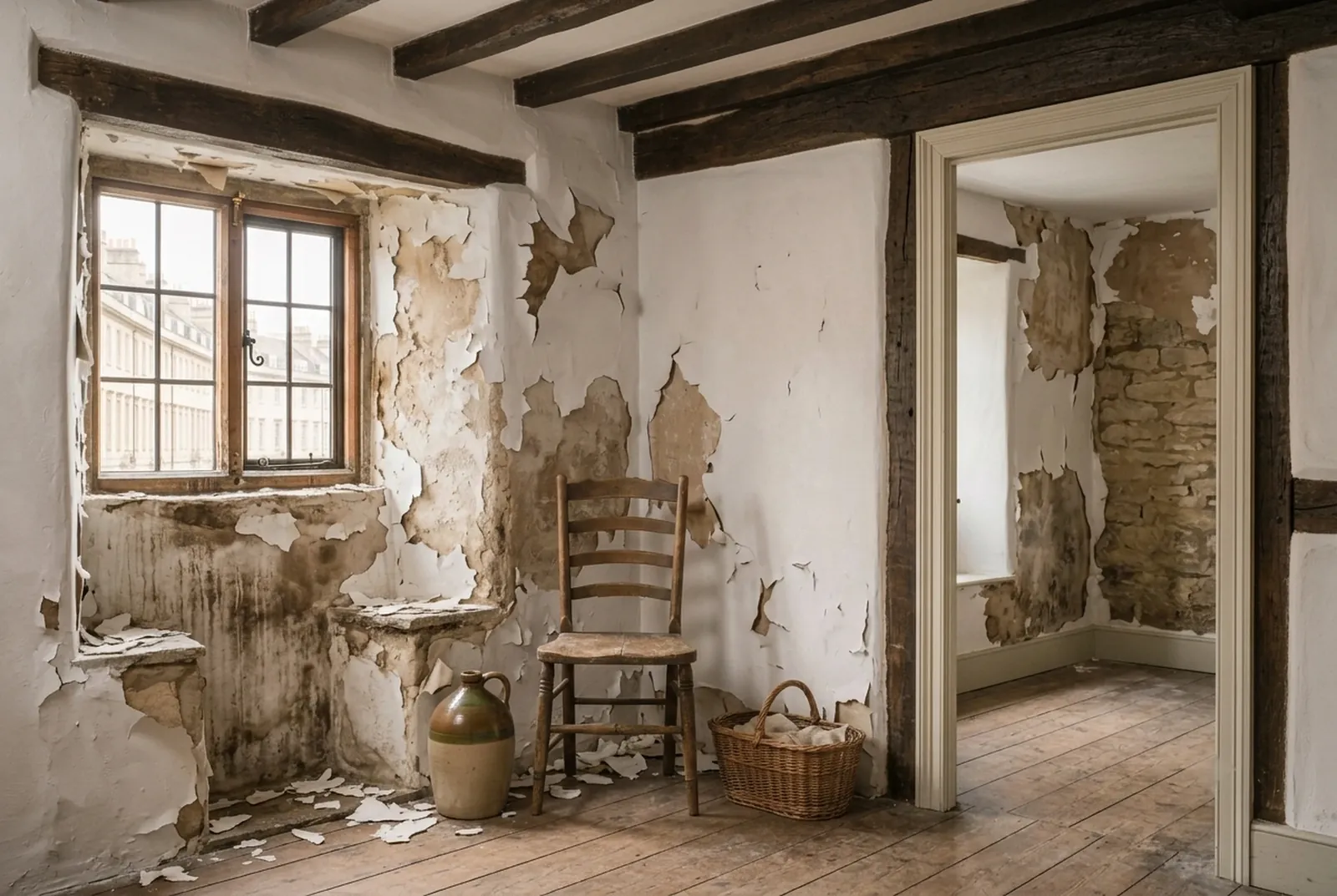 The cottage room before: modern paint blistering and flaking off a damp wall