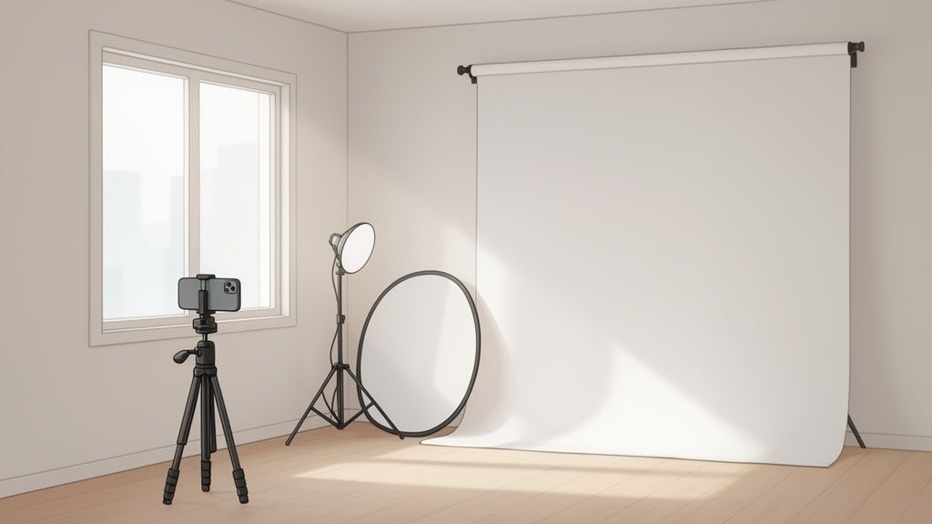 Blick in ein kleines Heimstudio mit Smartphone auf Stativ, Reflektor und weißem Fotohintergrund an der Wand.