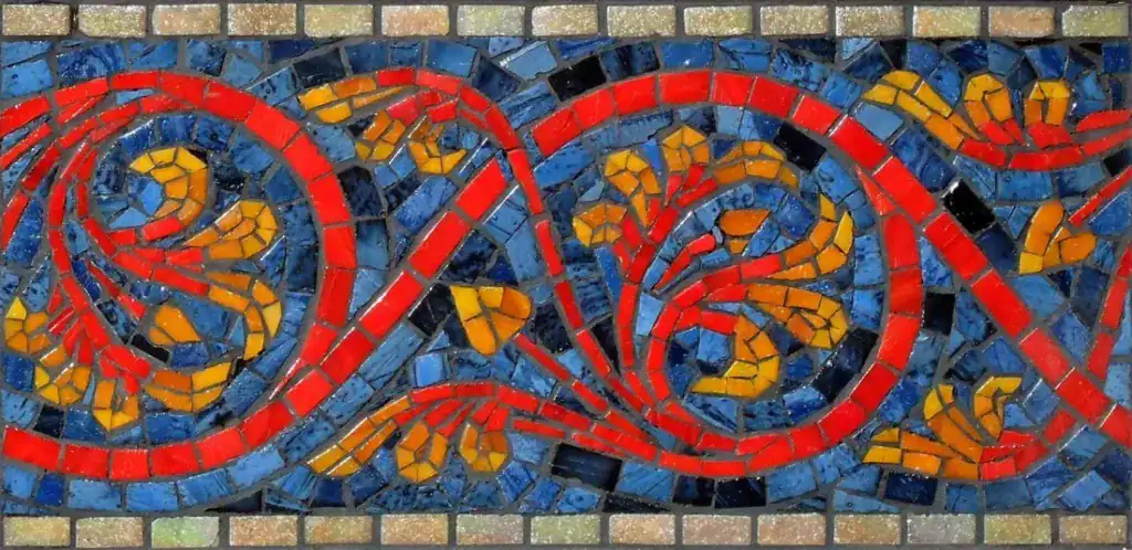 Flame Vine mosaic border, Red, orange and gold on blue, hand-cut — reference H-38, Mosaiclegs Art Studio