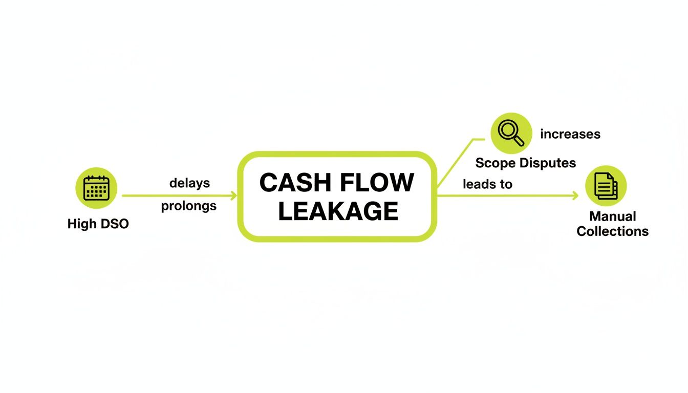 Diagram showing how High DSO and increased Scope Disputes lead to Cash Flow Leakage and Manual Collections.