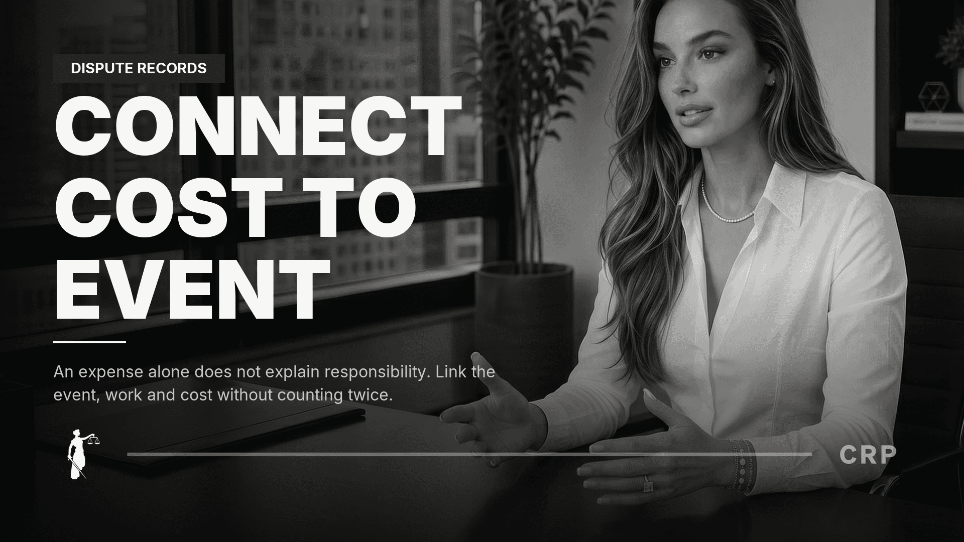 CRP Natalie avatar beside CONNECT COST TO EVENT and An expense alone does not explain responsibility. Link the event, work and cost without counting twice. on a monochrome 1609 cover.