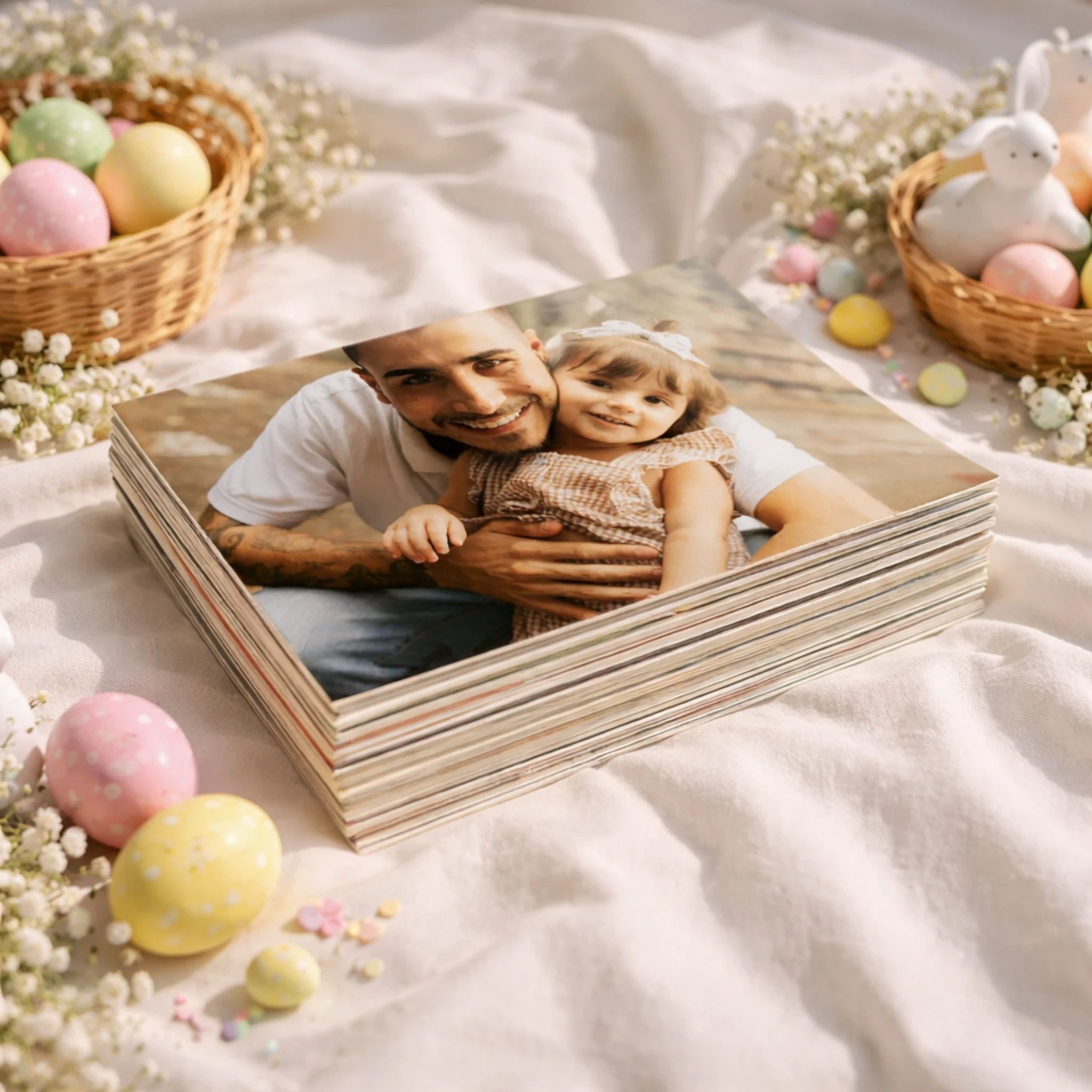 Pessoa segurando Fotolivro com foto em preto e branco de mãe beijando o filho recém-nascido, com o nome Pedro Henrique escrito na imagem