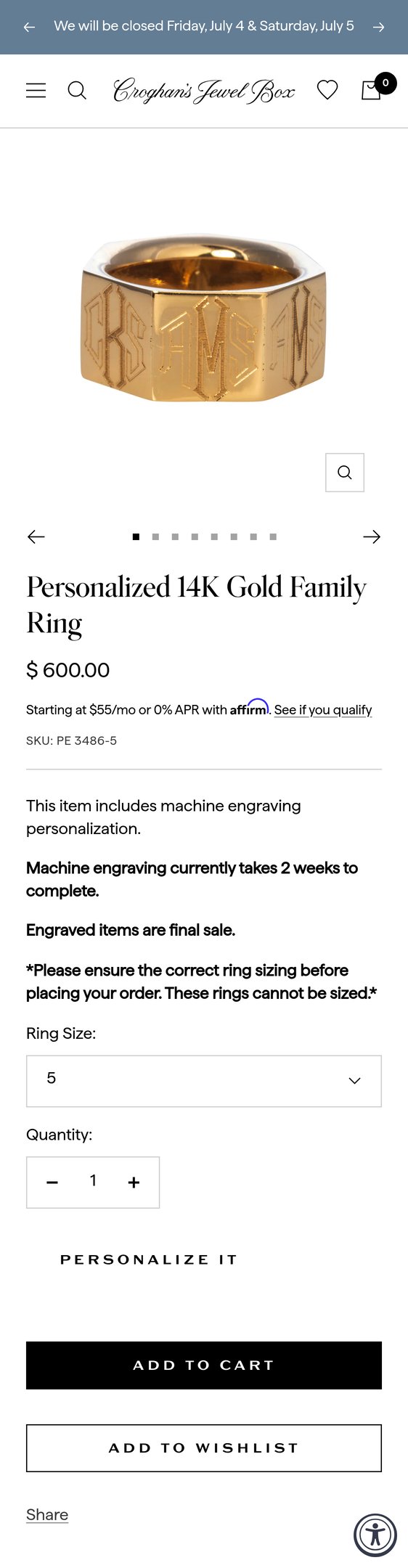 Jewelry product options include: ring for Personalized 14K Gold Family Ring from Croghan's Jewel Box.