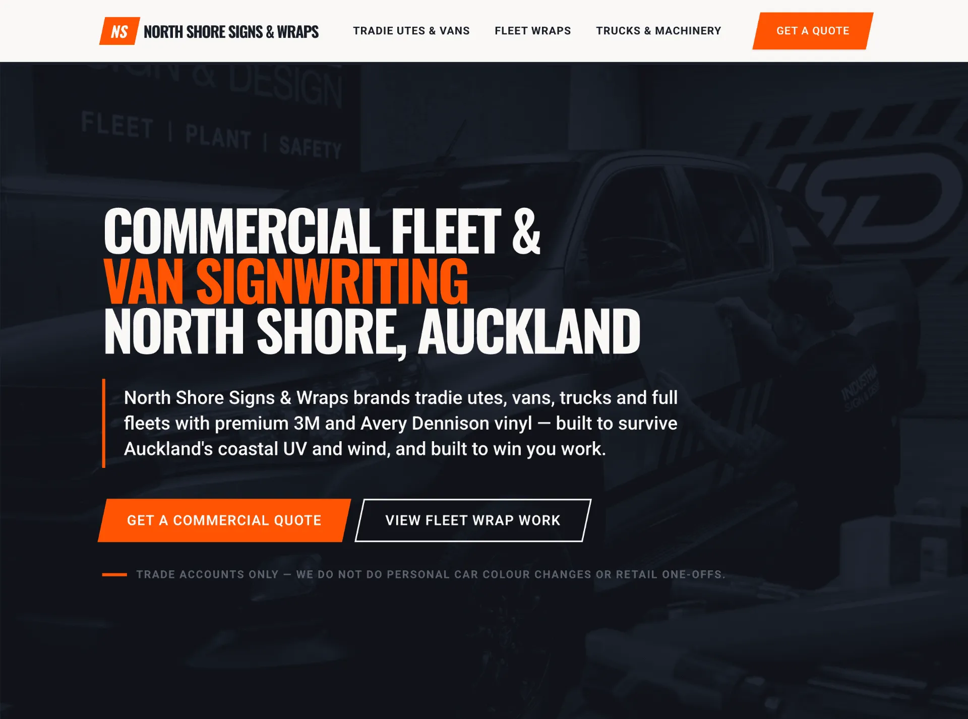 A bold portfolio website design demonstrating commercial fleet branding and custom vehicle wraps in Auckland.