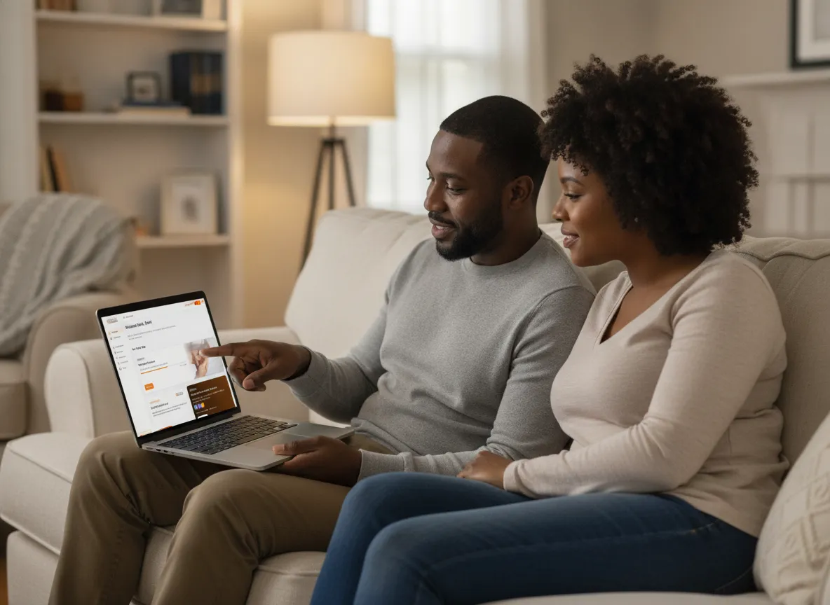 Couple looking at a tablet together in their home, embracing.