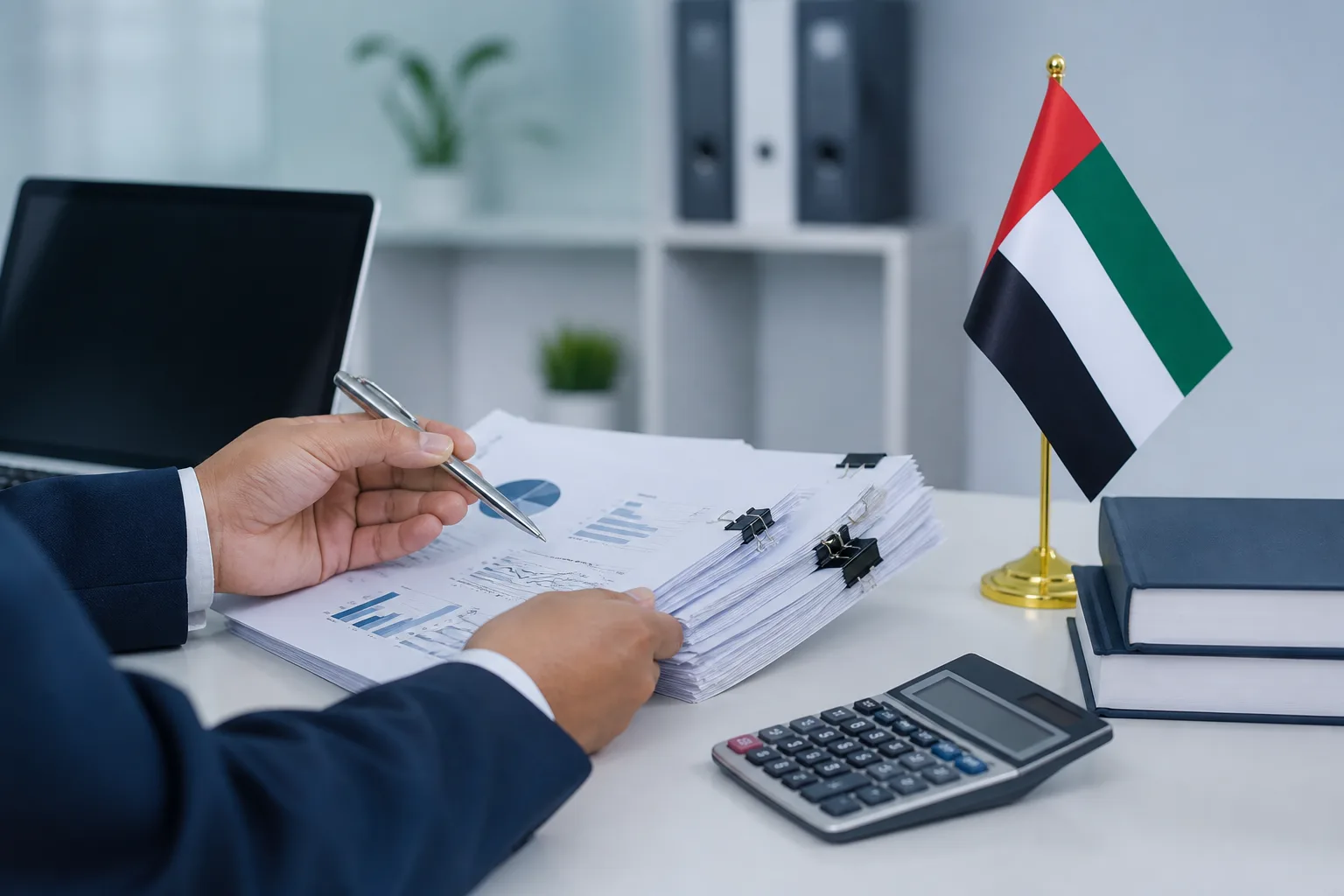 Transfer Pricing Documentation in the UAE beside a Dubai trade license document and a modern