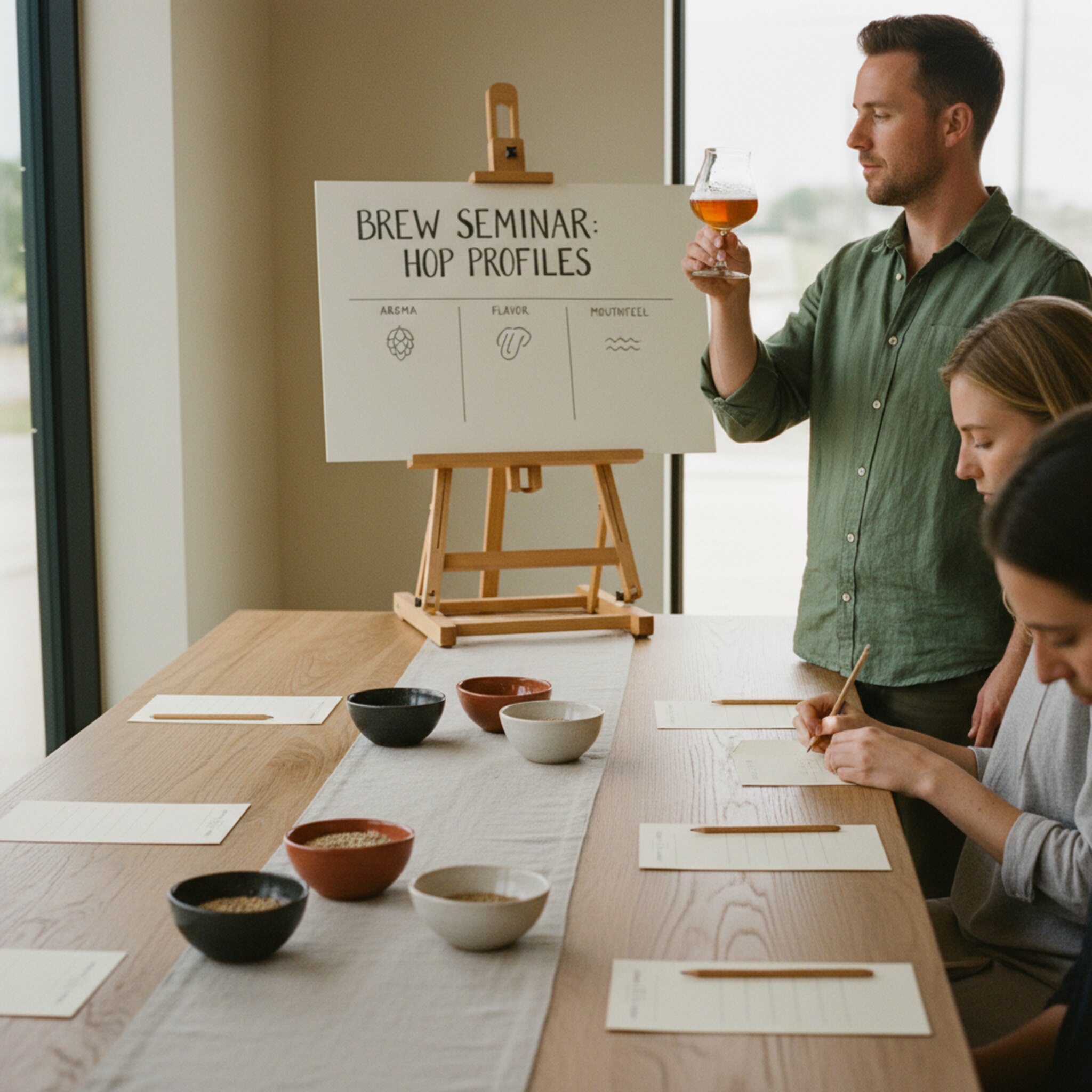 Ein langer Tisch ist für ein Seminar gedeckt, jedes Platzset mit Stift, Karte und kleinen Probierschälchen. Eine Person hält ein Glas gegen das Licht und prüft die Farbe. Hinter ihr steht eine Staffelei mit Themenübersicht. Gedämpftes Licht schafft eine ruhige Lernatmosphäre.