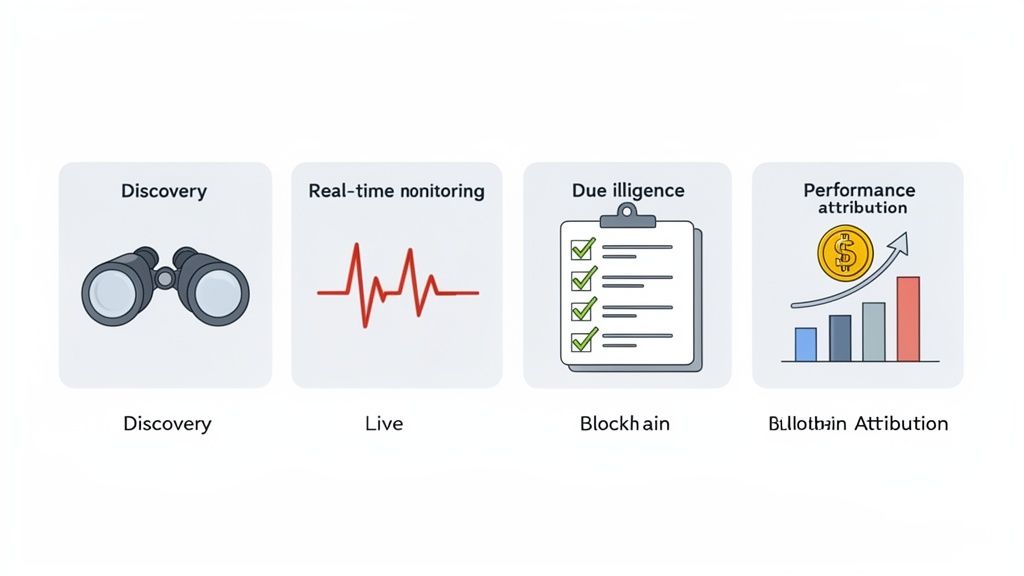 Four cards illustrate discovery with binoculars, real-time monitoring with a heartbeat, due diligence checklist, and performance attribution chart.
