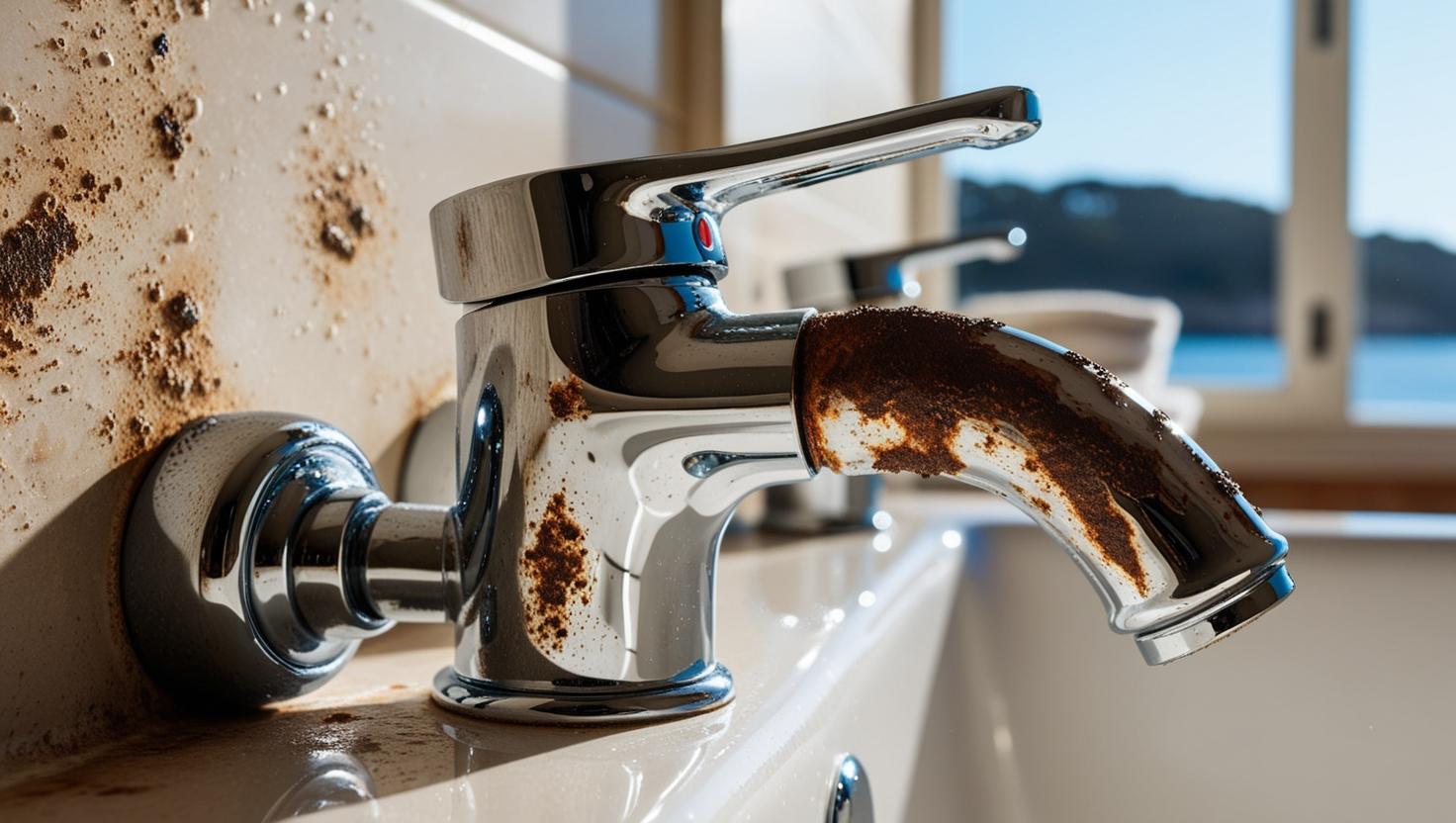 Close-up of salt corrosion damage on bathroom fixtures in a Woolgoolga coastal home, showing white salt deposits and deterioration caused by salt air exposure