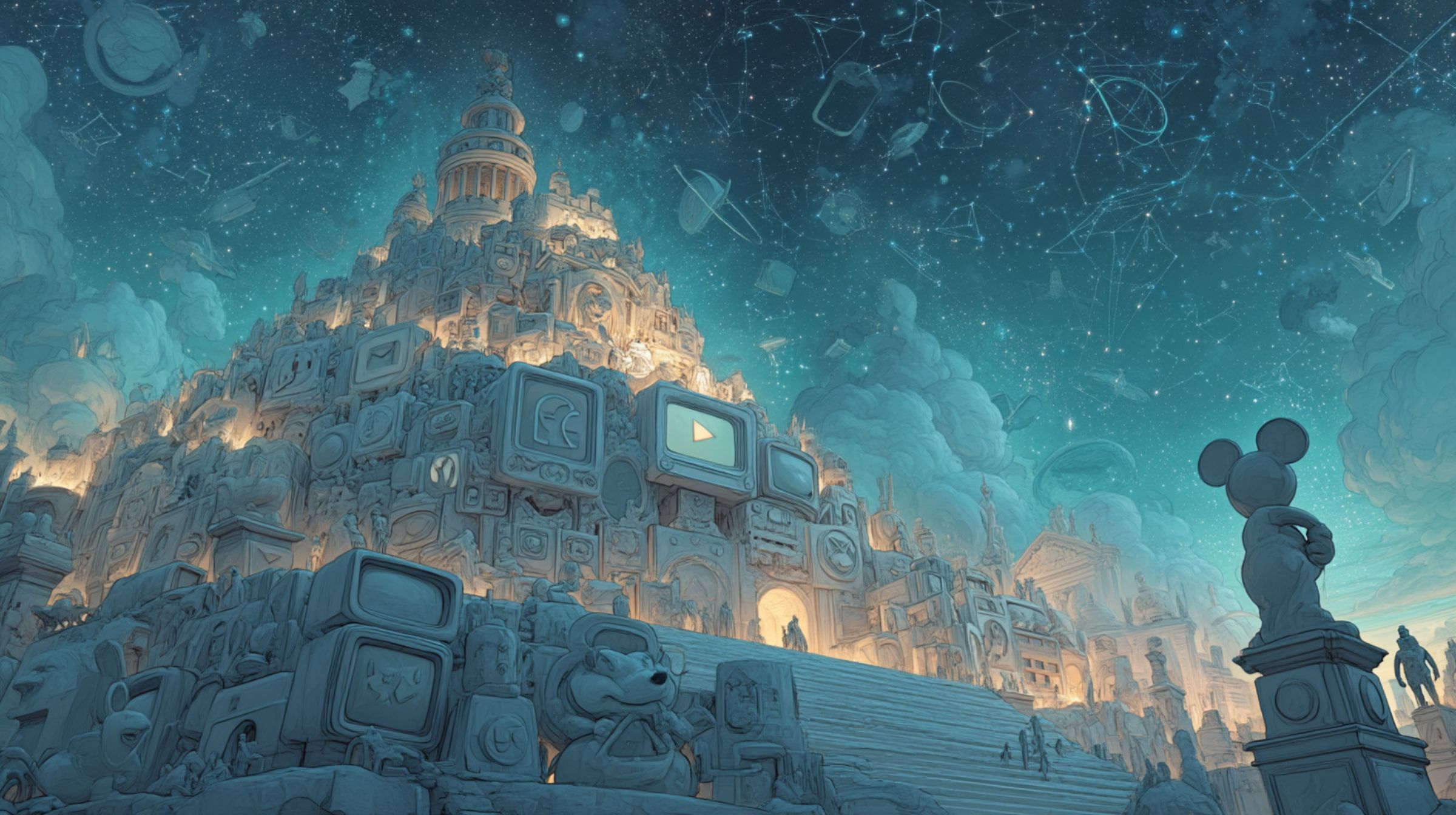 A grand marble mountain built from screens and statues of iconic characters beneath a sky of constellation-shaped app symbols, representing modern platforms as mythic gods.