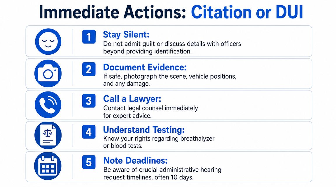 An infographic titled Immediate Actions: Citation or DUI, outlining five essential steps for drivers to follow.