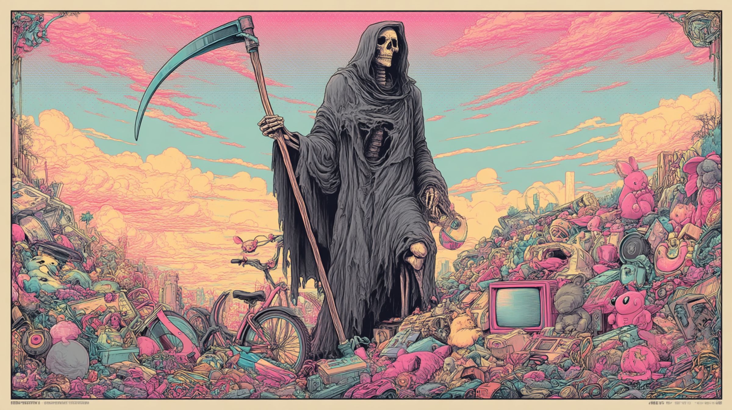 A grim reaper stands over a pile of discarded pop-culture toys and souvenirs, a darkly funny symbol of creativity’s exhaustion.