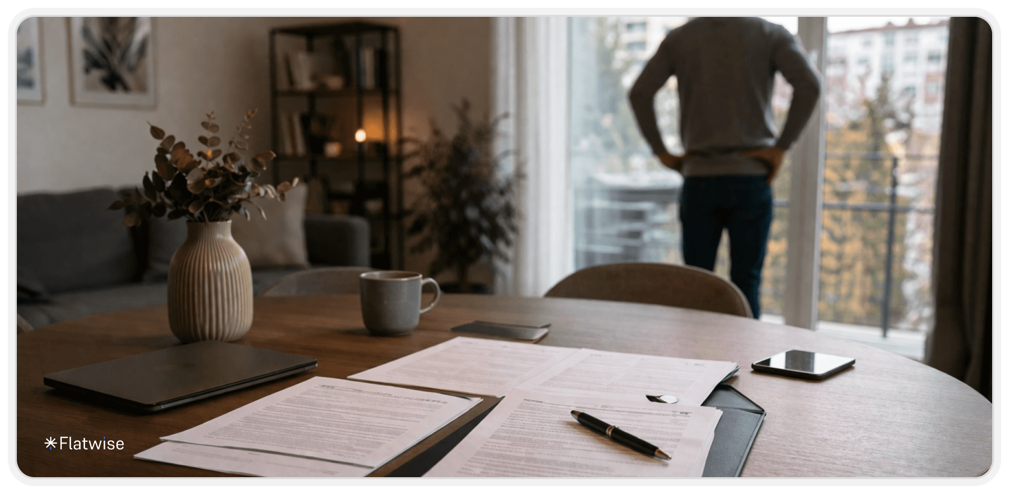 Esszimmertisch mit Unterlagen und einem Kugelschreiber. Eine Person steht hinter dem Tisch und schaut aus dem Fenster.