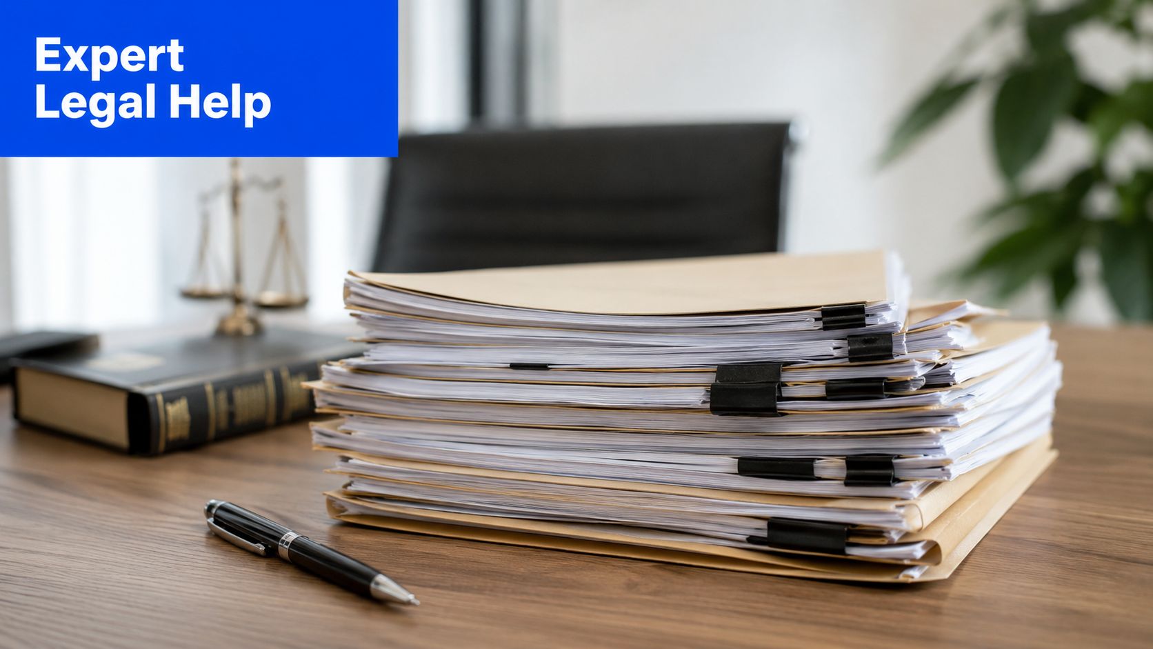 A stack of legal documents with a black pen and a law scale on a desk.