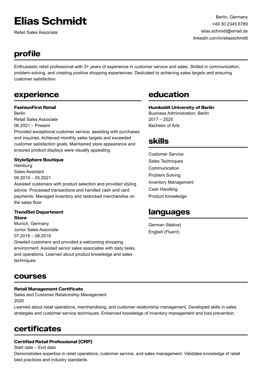 Retail customer service resume example