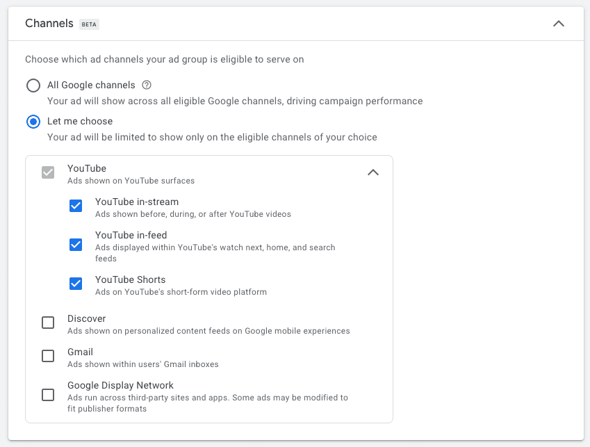 Setting the ad channels for a YouTube ad campaign